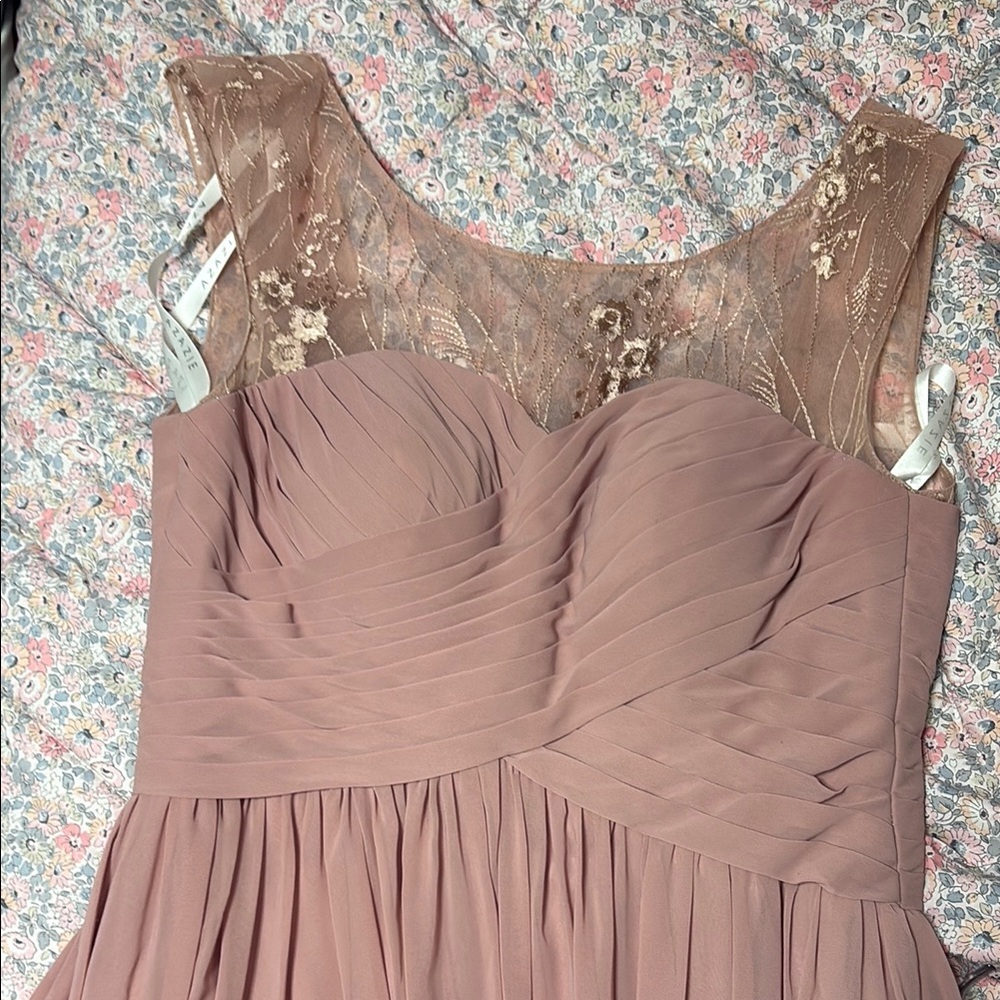 Azazie Pink Pleated Scoop Neck Gown